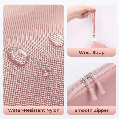 FYY Travel Cable Organizer - 8 Compartments, Lightweight, Water Repellent | With Wrist Strap, Portable Tech Pouch for Cord Charger, Travel and Business Trips Use, Soft Shell Nylon, Pink (Small)