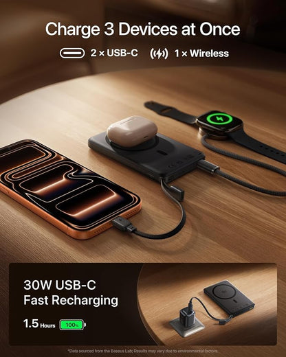 Baseus Picogo AM52 MagSafe Power Bank, Qi2.2 25W 10,000mAh Magnetic Portable Charger, 0.6" Slim Built-in 45W USB-C Cable, Alloy Fast Charging Wireless Battery Pack for iPhone 17/16/15/14/13/12 Only