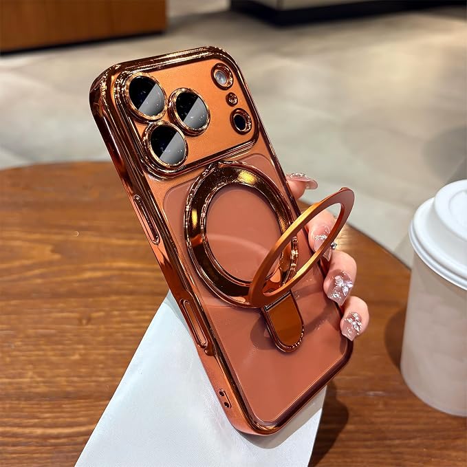 LXK Magnetic Invisible Stand for iPhone 17 Pro Case 6.3" Compatible with MagSafe, Military-Grade Protection, with Camera Protector, Clear Scratch-Resistant Back Cover for iPhone 17 Pro, Cosmic Orange