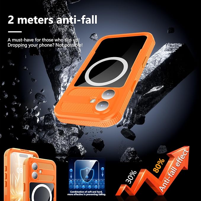 GOLDJU Magnetic for iPhone 17 Case-Waterproof, Built-in Screen & Camera Protector-IP68 Underwater Full Body 16FT Military Dropproof Shockproof Case for 17 6.3''- Orange