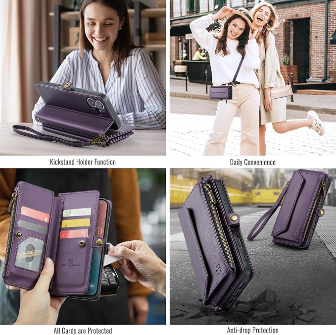 Strapurs Wallet Case Compatible with iPhone 16 6.1" RFID Blocking 7-Card Holder Soft PU Leather Magnetic Snap Shoulder Strap Zipper Pocket Phone Case Fit for iPhone 16 for Women - Purple