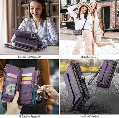 Strapurs Wallet Case Compatible with iPhone 16 6.1" RFID Blocking 7-Card Holder Soft PU Leather Magnetic Snap Shoulder Strap Zipper Pocket Phone Case Fit for iPhone 16 for Women - Purple