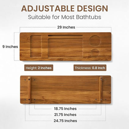Teak Bathtub Tray - Wood Bath Caddy Tray 29" for Small Tubs - Adjustable Bathtub Table Trays - Luxury Shower Organizer for Home Spa Relaxation and Reading - Light Walnut Color