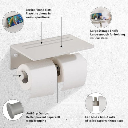 Toilet Paper Roll Holder Bathroom Decor - Double Roll Toiler Tissue Holder with Mobile Phone Shelf - Dual Toilet Paper Holder Wall Mount and Self Adhesive Paper Roll Dispenser – Matte White