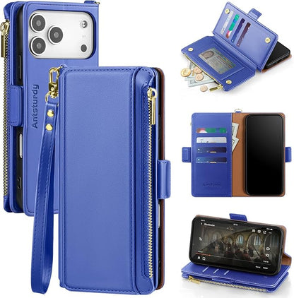 Antsturdy Compatible with iPhone 17 Pro Wallet Case Women,RFID Blocking PU Leather Phone Case Men Kickstand Flip Cover Wrist Strap Zipper Credit Card Holder Slots for Apple 17 Pro 6.3",Purple Blue