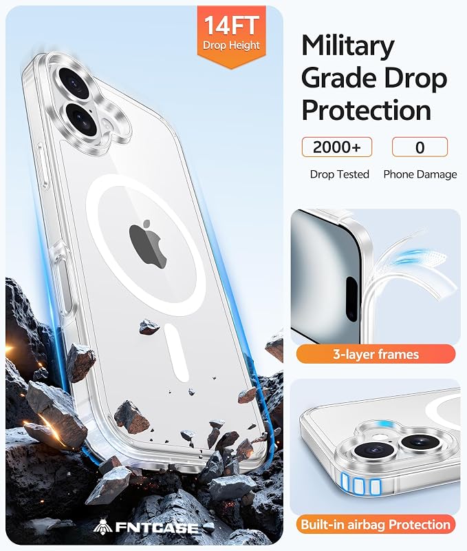 FNTCASE for iPhone 16 Case: [Compatible with Magsafe] [Screen Protector] Anti Yellowing Transparent Clear Magnetic Phone Cover - Military Grade Shockproof Drop Proof Protective Cases - Clear
