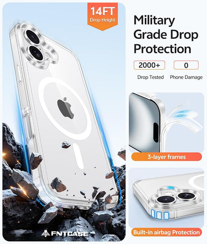 FNTCASE for iPhone 16 Case: [Compatible with Magsafe] [Screen Protector] Anti Yellowing Transparent Clear Magnetic Phone Cover - Military Grade Shockproof Drop Proof Protective Cases - Clear