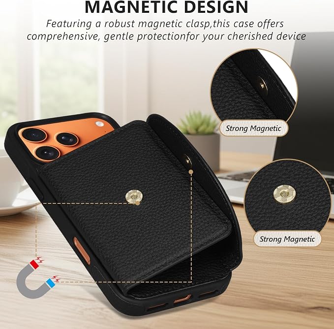 Keallce Wallet Case for iPhone 17 Pro Max 6.9'', Genuine Leather Magnetic Flip Case with RFID Blocking, Card Holder Slots and Kickstand, Protective Folio Cover for Women, Black