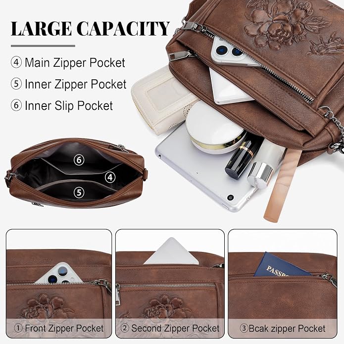 Crossbody Bags for Women Trendy, Vegan Leather Crossbody Purses Travel Shoulder Handbags Embossed Design