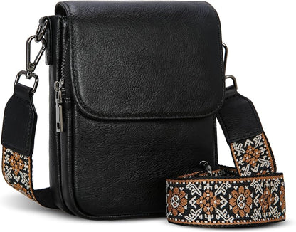 HESHE Leather Small Crossbody Bags for Women RFID Blocking Cell Phone Purse Anti-Theft Travel Bag with wide Straps