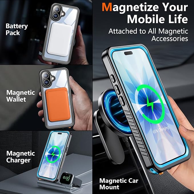 SPIDERCASE Magnetic for iPhone 17 Case- [Compatible with Magsafe] [IP68 Underwater] 15FT Military Grrade Shockproof Full Body Sealed Drop Protection with Lanyard for iPhone 17 6.3"-Blue/Clear