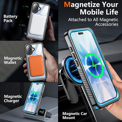 SPIDERCASE Magnetic for iPhone 17 Case- [Compatible with Magsafe] [IP68 Underwater] 15FT Military Grrade Shockproof Full Body Sealed Drop Protection with Lanyard for iPhone 17 6.3"-Blue/Clear