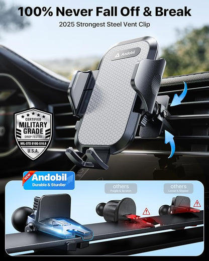 andobil Car Phone Holder, 2026 Military-Grade 89lbs Strongest Suction Phone Holders for Your Car Dashboard/Windshield/Vent Easy Clamp Cellphone Holder Truck Stand for iPhone 17 16 15 Pro Samsung Grey