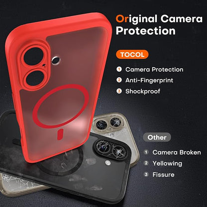 TOCOL for Phone 16 Case, Compatible with Magsafe Charger, Full Camera Protection, Drop Protection, Translucent Matte Phone Case for iPhone 16 6.1 inch (Red)
