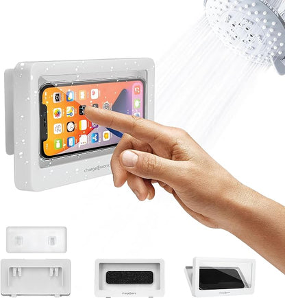 CHARGEWORX Waterproof Shower Phone Holder Wall Mount, Anti-Fog Touchscreen Phone Case for Bathroom, Universal Smartphone Holder up to 7”, Hands-Free Cell Phone Stand, White
