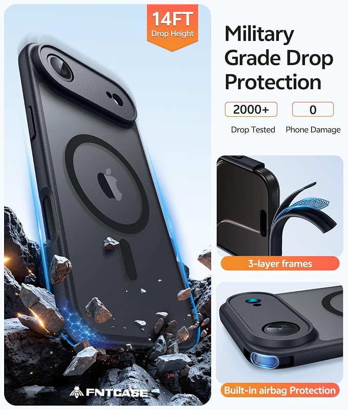 FNTCASE for iPhone Air Case: [Compatible with Magsafe] Translucent Matte Cases with [Full Camera Protection] [Screen Protector] Military Grade Shockproof Protective Phone Cover - Black