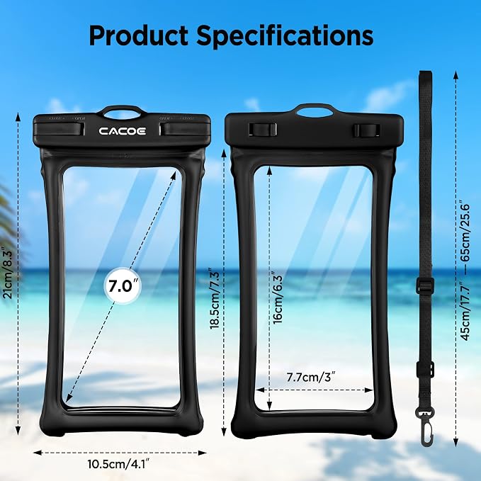 CACOE [Floatable] Floating Universal Waterproof Phone case 2 Pack-Up to 7.0",Phone Pouch with Adjustable Neck Lanyard,IPX8 Cellphone Dry Bags for Vacation Water Activities（Black+White）