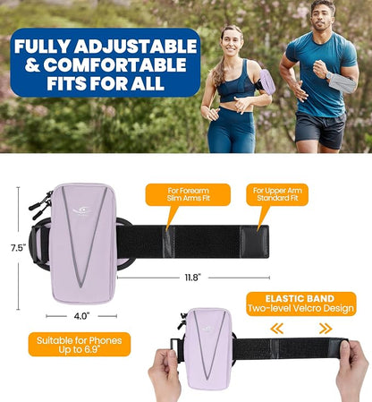 HiRui Cell Phone Holder Arm Bag & Wrist Bag for Phone, Sports Running Armband for Gym & Cycling, Compatible with iPhone 17/17Pro/Plus/16/15 Samsung Galaxy All Phones, Reflective & Adjustable (Purple)