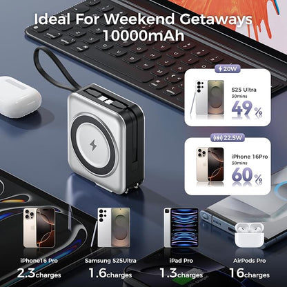 6-in-1 Magnetic Wireless Portable Charger 10000mAh – 22.5W Fast Charging with AC Wall Plug Built-in USB-C & Lightning Cables for iPhone 17/16/15/14/13/12, Android & Samsung(Silver)