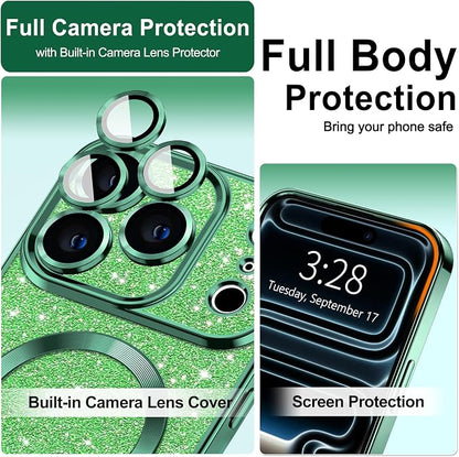 Hython for iPhone 17 Pro Max Case Glitter Clear Magnetic Phone Cases [Compatible with MagSafe] Full Camera Lens Protector Sparkle Luxury Plating Slim Shockproof Protective Cover Women, Green