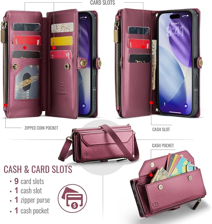 Strapurs Wallet Case Compatible with iPhone 17 Pro 6.3" RFID Blocking 9-Card Holder Soft PU Leather Magnetic Snap Shoulder Strap Zipper Pocket Phone Case Fit for iPhone 17 Pro for Women - WineRed