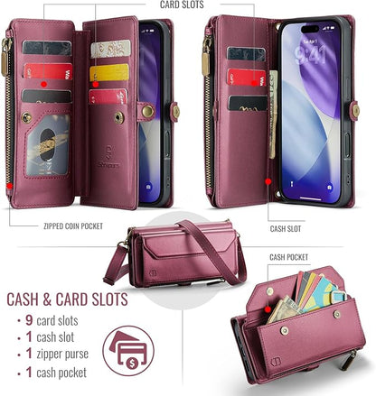 Strapurs Wallet Case Compatible with iPhone 17 Pro 6.3" RFID Blocking 9-Card Holder Soft PU Leather Magnetic Snap Shoulder Strap Zipper Pocket Phone Case Fit for iPhone 17 Pro for Women - WineRed