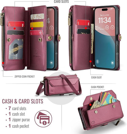 Strapurs Wallet Case Compatible with iPhone 16 6.1" RFID Blocking 7-Card Holder Soft PU Leather Magnetic Snap Shoulder Strap Zipper Pocket Phone Case Fit for iPhone 16 for Women - WineRed