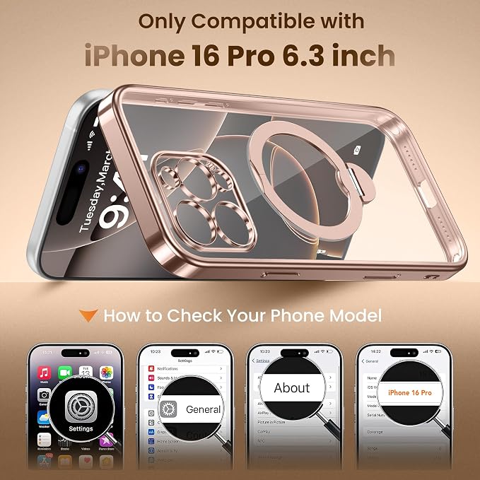 Desert Titanium for iPhone 16 Pro Case With 360° Spin Magnetic Stand,[Compatible With Magsafe] [Military Protection][Built-in Ring Holder]Camera Control Phone Case for 16 Pro,Rose Gold/Clear