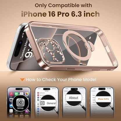 Desert Titanium for iPhone 16 Pro Case With 360° Spin Magnetic Stand,[Compatible With Magsafe] [Military Protection][Built-in Ring Holder]Camera Control Phone Case for 16 Pro,Rose Gold/Clear
