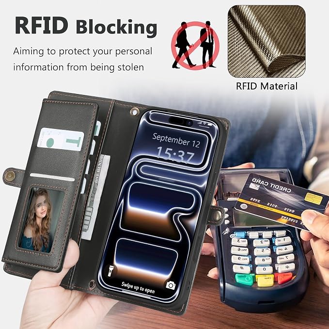 Wallet Case for iPhone 17 Pro with Card Holder/Crossbody Wallet/Strap,[RFID Blocking][Magnetic] PU Leather Phone Case for iPhone 17 Pro,6.3 in,Black