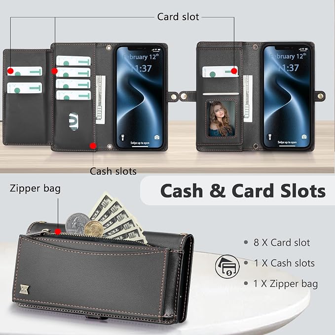 Wallet Case for iPhone 12/12 Pro with Card Holder/Crossbody Wallet/Strap| RFID Blocking | Magnetic | Kickstand | Detachable | PU Leather Phone Case for iPhone 12/12 Pro,6.1 in,Black
