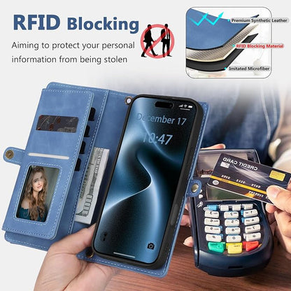 Wallet Case for iPhone 15 Pro Max with Card Holder/Crossbody Wallet/Strap| RFID Blocking | Magnetic | Kickstand | Detachable | PU Leather Phone Case for iPhone 15 Pro Max,6.7 in,Sky Blue