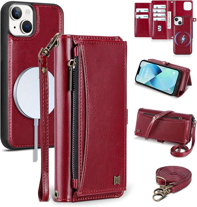 Wallet Case for iPhone 13 with Card Holder/Crossbody Wallet/Strap| RFID Blocking | Magnetic | Kickstand | Detachable | PU Leather Phone Case for iPhone 13,6.1 in,Wine Red
