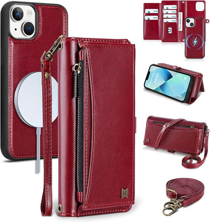 Wallet Case for iPhone 13 with Card Holder/Crossbody Wallet/Strap| RFID Blocking | Magnetic | Kickstand | Detachable | PU Leather Phone Case for iPhone 13,6.1 in,Wine Red