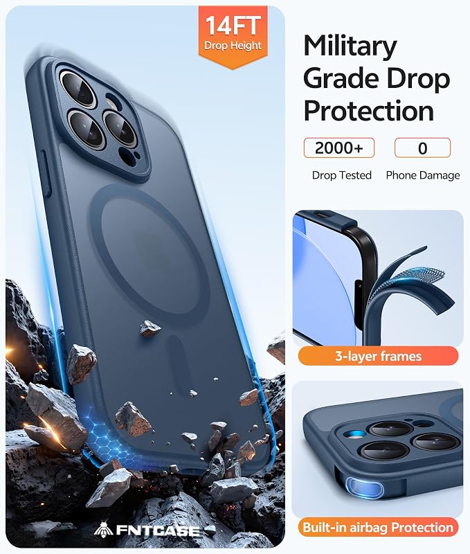 FNTCASE for iPhone 13 Pro Max Case: [Compatible with Magsafe] Translucent Matte Magnetic Cases [Full Camera Protection] Military Grade Shockproof Protective Phone Cover - Blue