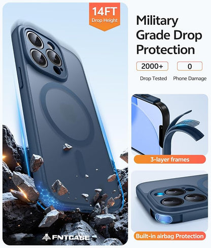 FNTCASE for iPhone 13 Pro Max Case: [Compatible with Magsafe] Translucent Matte Magnetic Cases [Full Camera Protection] Military Grade Shockproof Protective Phone Cover - Blue