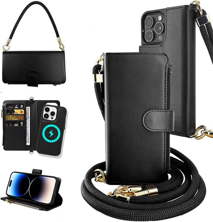 for iPhone 16 Pro(6.3 inches) Detachable Wallet Case with Crossbody.Multi-Function 2 in 1 Magnetic Wallet Case with Card Holder.Flip Strap Zipper Phone Case with Shoulder Straps Black