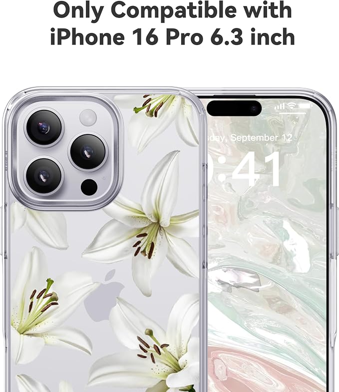 CASEKOO White Water Lily for iPhone 16 Pro Case, [Never Yellow Technology] [12FT Military-Grade Protection] Transparent Slim Floral Cover Gril Women 16 Pro Phone Case 6.3 inch, White Water Lily