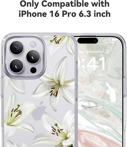 CASEKOO White Water Lily for iPhone 16 Pro Case, [Never Yellow Technology] [12FT Military-Grade Protection] Transparent Slim Floral Cover Gril Women 16 Pro Phone Case 6.3 inch, White Water Lily