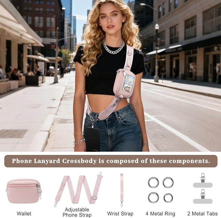 Clip and Go Cell Phone Pouch Lanyard Crossbody with Wallet | Adjustable Strap, Leather Purse Strap, Wrist Strap, For Women