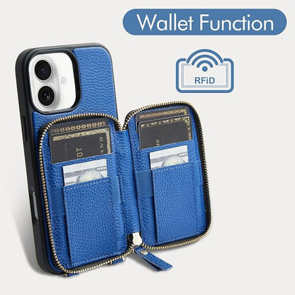 ZVE for iPhone 17 Wallet Case with Card Holder, Crossbody Zipper Leather Phone Cover with Wrist Strap 6.3" Navy Blue