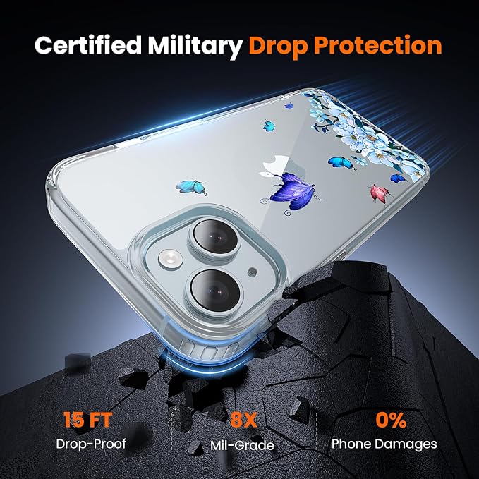 3 in 1 for iPhone 15 Case Clear, Screen Protector *1 & Camera Lens Protector*1, Print Shockproof for iPhone 15 Phone Case 6.1 inch Floral