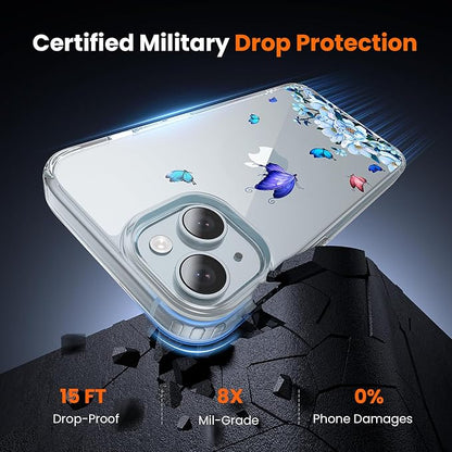 3 in 1 for iPhone 15 Case Clear, Screen Protector *1 & Camera Lens Protector*1, Print Shockproof for iPhone 15 Phone Case 6.1 inch Floral