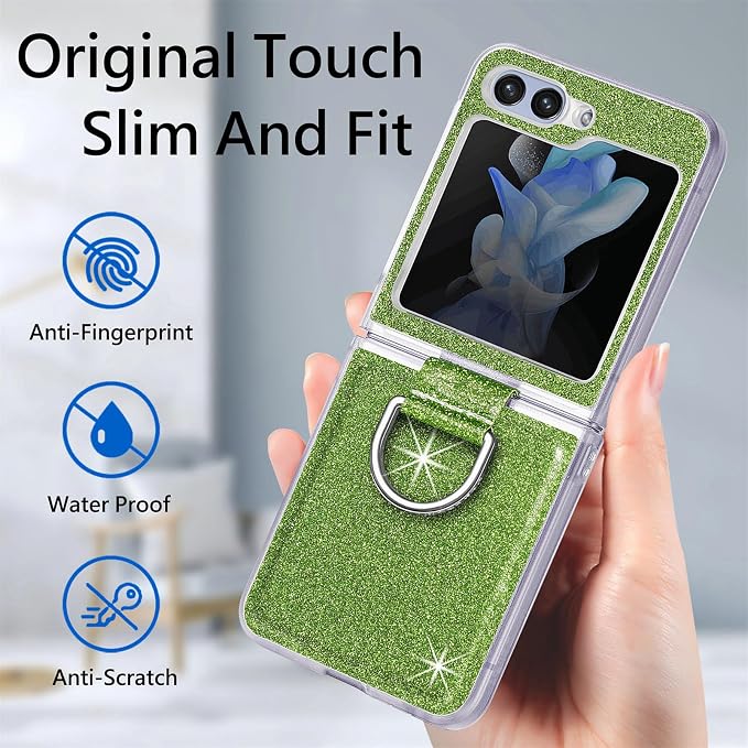 Bling Glitter Case for Samsung Galaxy Z Flip 6 with Ring Holder,Women Girls Cute Phone Case Non Slip Ultra Slim TPU Bumper Shockproof Protective Case for Galaxy Z Flip 6 5G 2024,Green