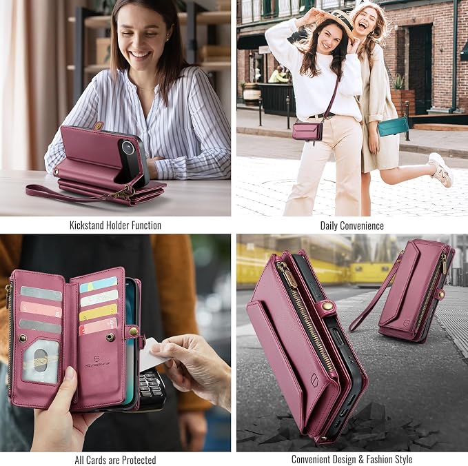 Strapurs Wallet Case Compatible with iPhone Air 6.5" RFID Blocking 10-Card Holder Soft PU Leather Magnetic Snap Shoulder Strap Zipper Pocket Phone Case Fit for iPhone 17 Air for Women - WineRed