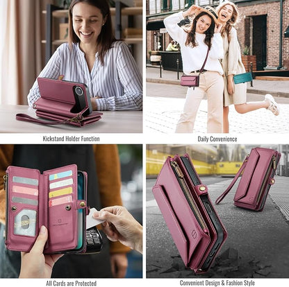 Strapurs Wallet Case Compatible with iPhone Air 6.5" RFID Blocking 10-Card Holder Soft PU Leather Magnetic Snap Shoulder Strap Zipper Pocket Phone Case Fit for iPhone 17 Air for Women - WineRed