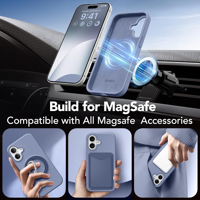 GONEZ Magnetic for iPhone 17 Case, Compatible with MagSafe, [Screen Protector + Camera Lens Protector], Liquid Silicone Anti-Scratch Shockproof Protective Phone Case 6.3 inch, Lavendr Gray