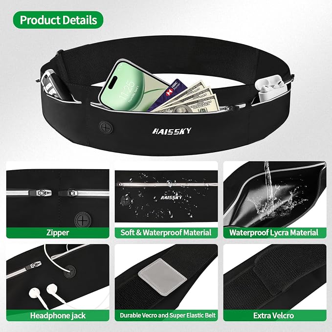 Slim Running Belt Fanny Pack for Men Women, Running Phone Holder, Waist Pack Runners Bag Money Belt with 3 Separate Zipper Pouch to Store Your Phone Key Money Safe, Waist Bag-Black