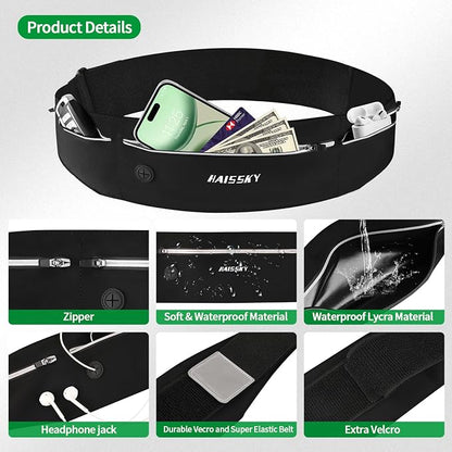 Slim Running Belt Fanny Pack for Men Women, Running Phone Holder, Waist Pack Runners Bag Money Belt with 3 Separate Zipper Pouch to Store Your Phone Key Money Safe, Waist Bag-Black