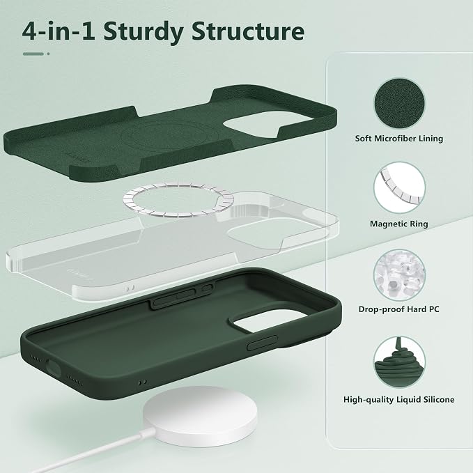 GONEZ for iPhone 15 Pro Max Case Silicone, Compatible with Magsafe, Camera Protector + Screen Protector, Soft Anti-Scratch Microfiber Lining, Liquid Silicone Shockproof Phone Cover, Dark Green